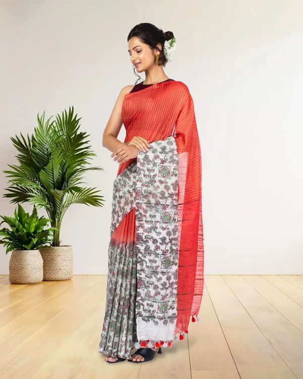 Half_Dye_Half_Print_Kota_Silk_Saree_Sunset_Orange