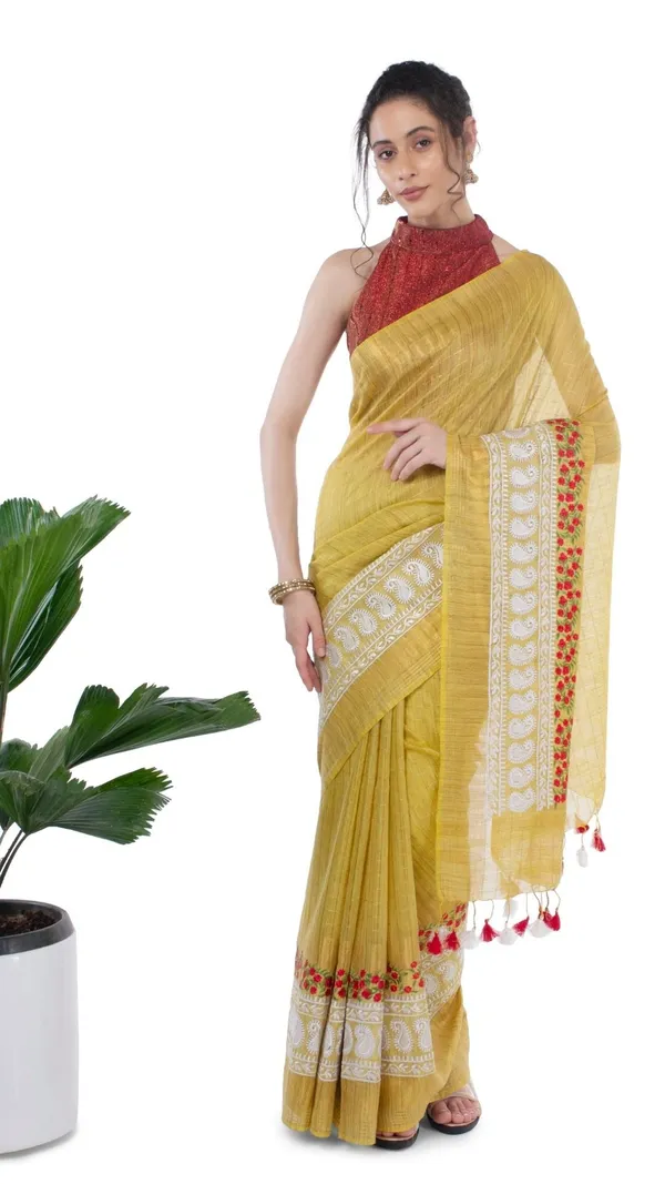 Embroidered_Bansbara_Tussar_Silk_Saree_Yellow