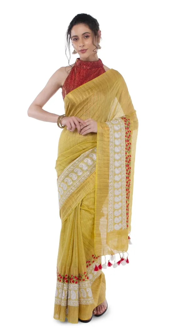 Embroidered_Bansbara_Tussar_Silk_Saree_Yellow