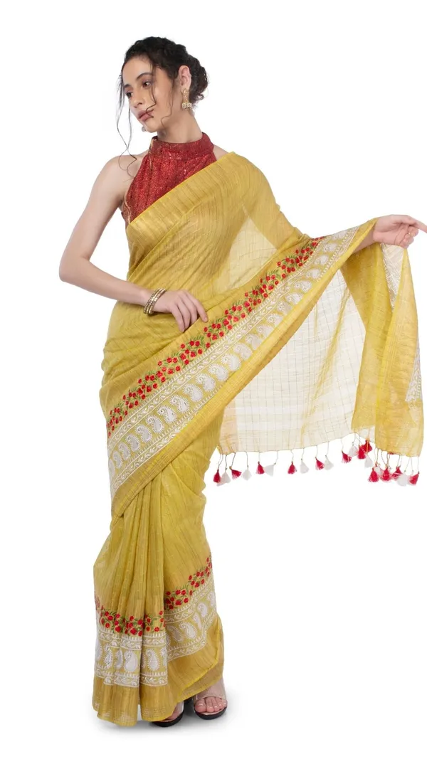 Embroidered_Bansbara_Tussar_Silk_Saree_Yellow