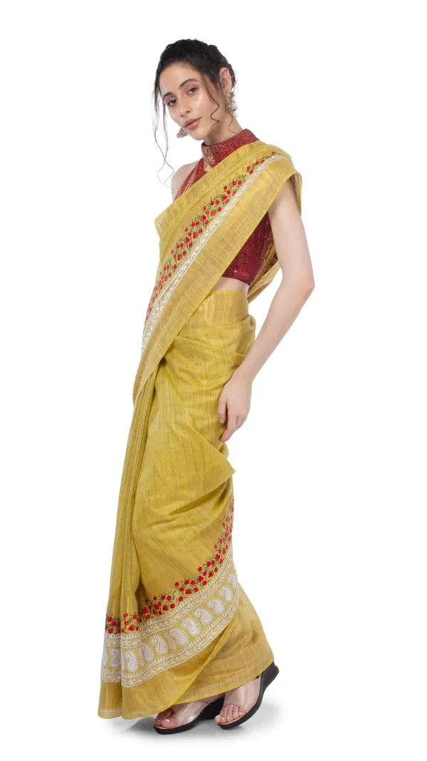 Embroidered_Bansbara_Tussar_Silk_Saree_Yellow