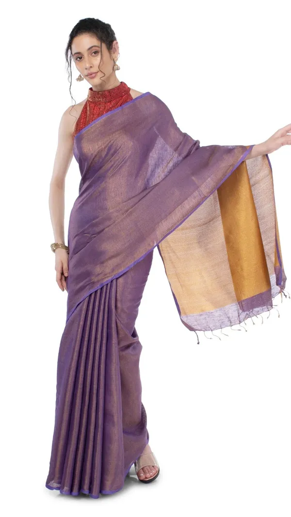 Tissue_Linen_Purple_Saree_Gold_Shimmer_Pallu