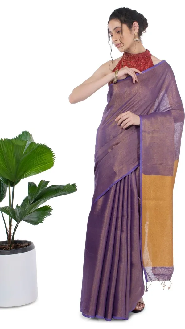 Tissue_Linen_Purple_Saree_Gold_Shimmer_Pallu