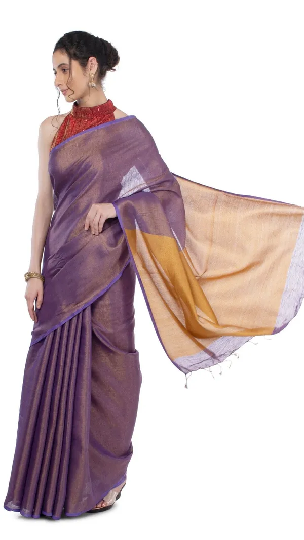 Tissue_Linen_Purple_Saree_Gold_Shimmer_Pallu