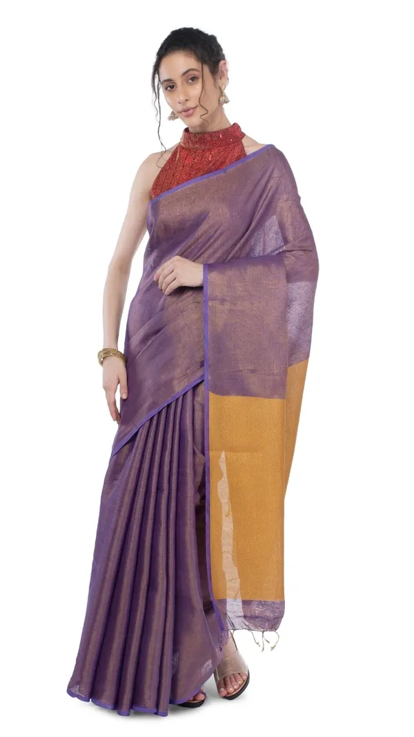 Tissue_Linen_Purple_Saree_Gold_Shimmer_Pallu