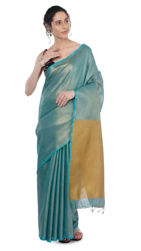 Tissue_Linen_Green_Saree_Gold_Shimmer_Pallu
