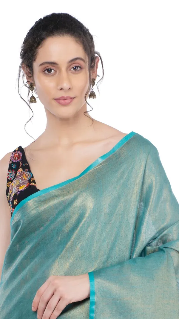 Tissue_Linen_Green_Saree_Gold_Shimmer_Pallu