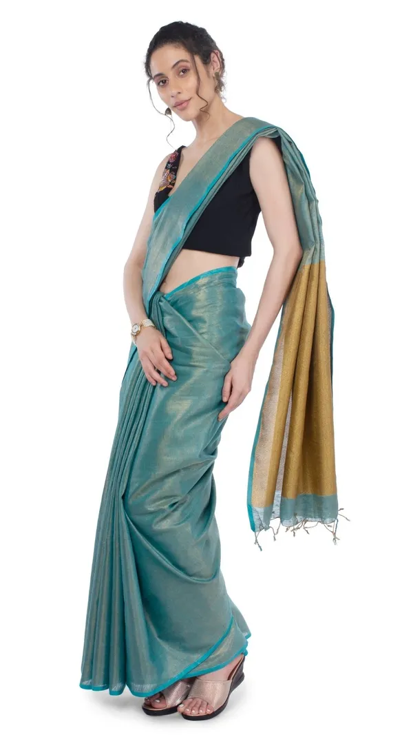 Tissue_Linen_Green_Saree_Gold_Shimmer_Pallu