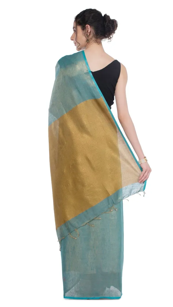 Tissue_Linen_Green_Saree_Gold_Shimmer_Pallu