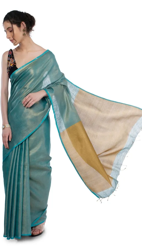 Tissue_Linen_Green_Saree_Gold_Shimmer_Pallu