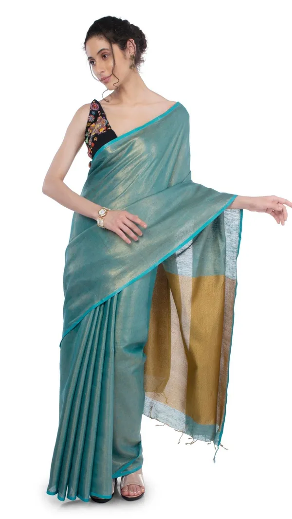 Tissue_Linen_Green_Saree_Gold_Shimmer_Pallu