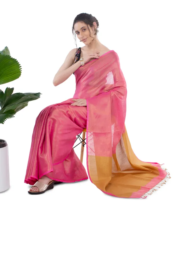 Tissue_Linen_Pink_Saree_Gold_Shimmer_Pallu