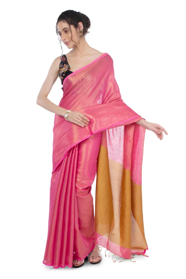 Tissue_Linen_Pink_Saree_Gold_Shimmer_Pallu