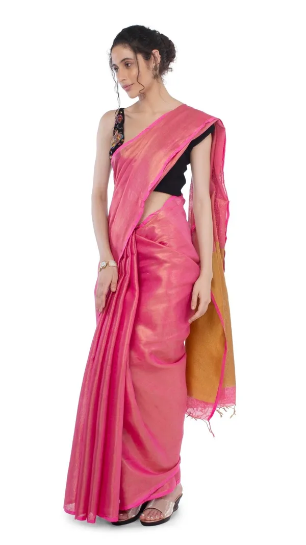 Tissue_Linen_Pink_Saree_Gold_Shimmer_Pallu