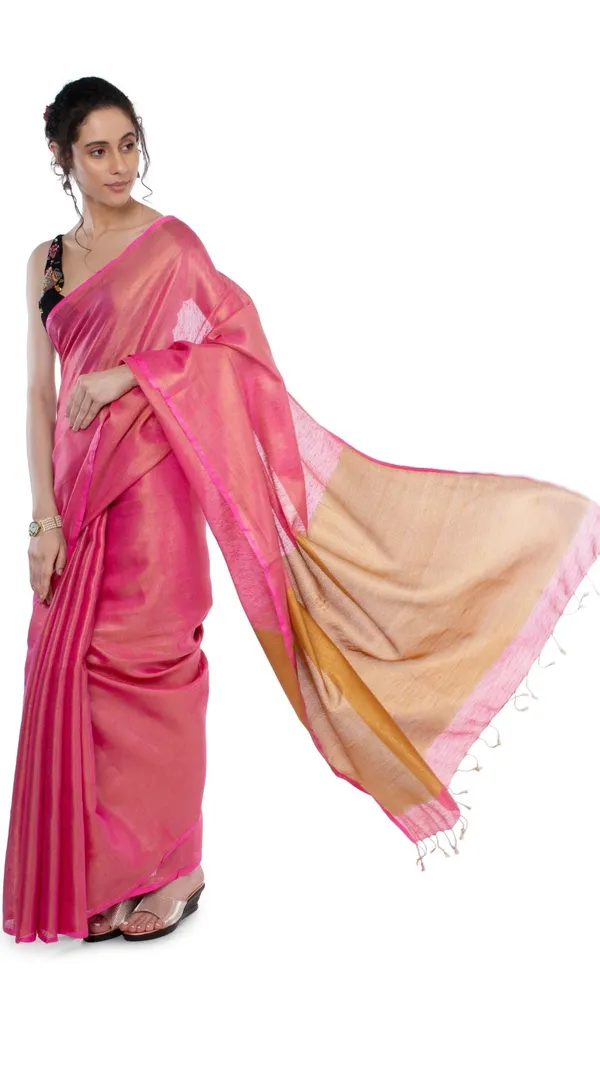 Tissue_Linen_Pink_Saree_Gold_Shimmer_Pallu