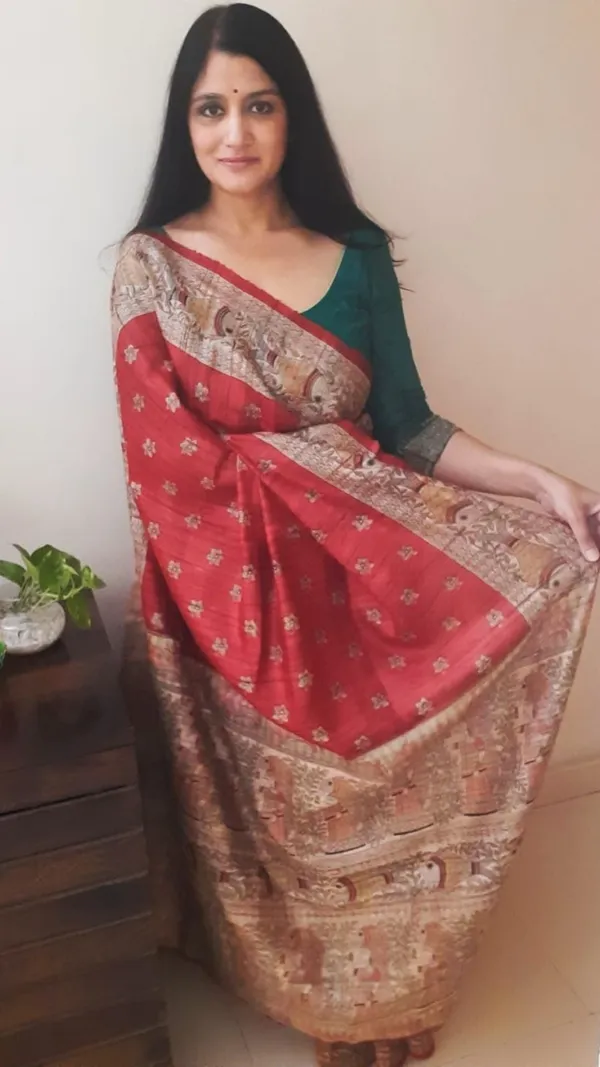 Silkmark_Tussar_Glowing_Blockprint_Red_Saree
