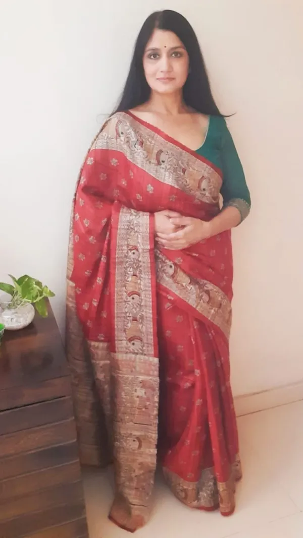 Silkmark_Tussar_Glowing_Blockprint_Red_Saree