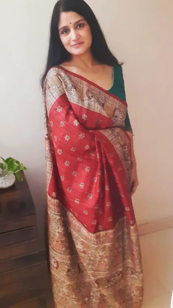 Silkmark_Tussar_Glowing_Blockprint_Red_Saree