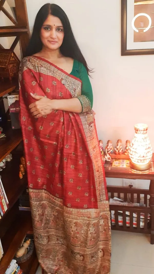 Silkmark_Tussar_Glowing_Blockprint_Red_Saree
