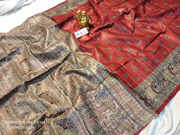 Silkmark_Tussar_Glowing_Blockprint_Red_Saree
