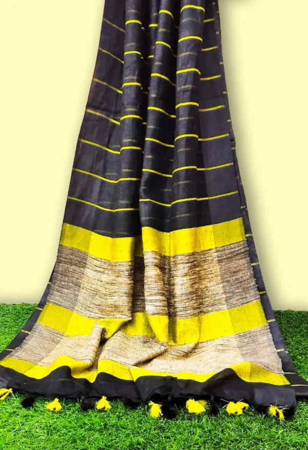 Illuminating_Handwoven_Pure_Linen_Black_Saree_Striped_Design