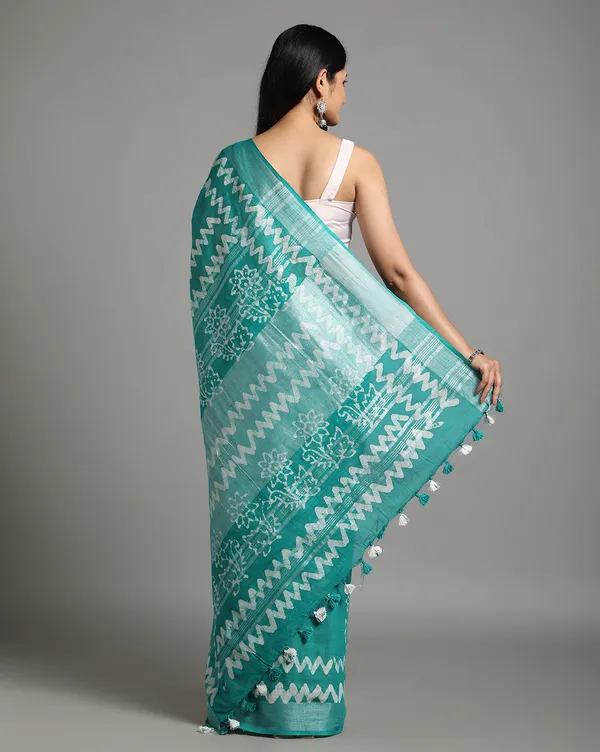 Turquoise_Slub_Linen_Saree_Wax_Batik_Hand_Dyed_Turquoise_Blue