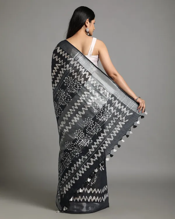 Unique_Slub_Linen_Saree_Wax_Batik_Hand_Dyed_Black