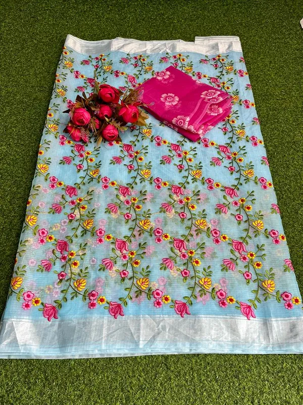Floral_Kota_Doria_Embroidered_Saree_Blue