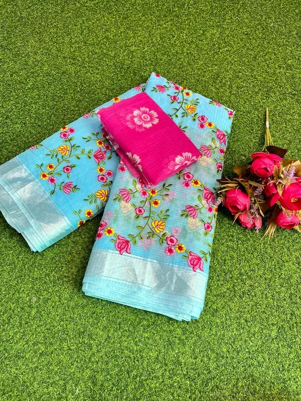 Floral_Kota_Doria_Embroidered_Saree_Blue
