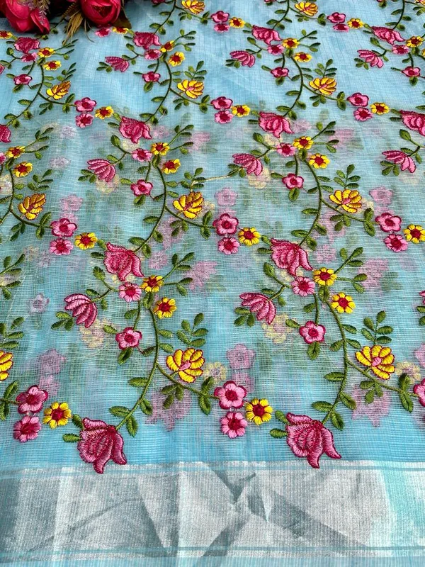 Floral_Kota_Doria_Embroidered_Saree_Blue