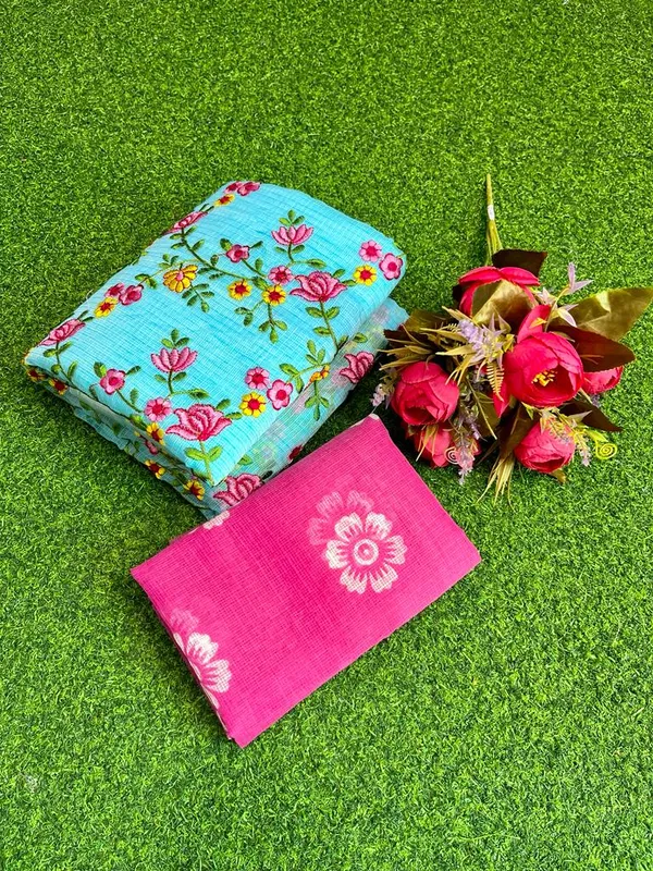 Floral_Kota_Doria_Embroidered_Saree_Blue
