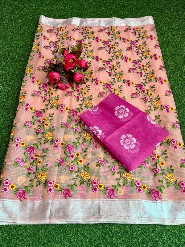 Floral_Kota_Doria_Embroidered_Saree_Peach