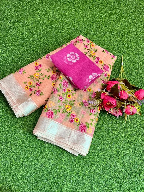 Floral_Kota_Doria_Embroidered_Saree_Peach