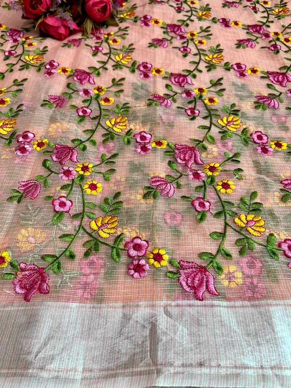 Floral_Kota_Doria_Embroidered_Saree_Peach