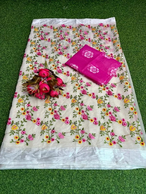 Floral_Kota_Doria_Embroidered_Saree_Cream