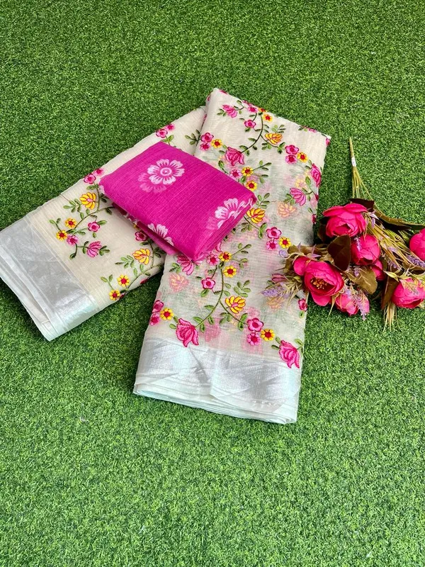 Floral_Kota_Doria_Embroidered_Saree_Cream