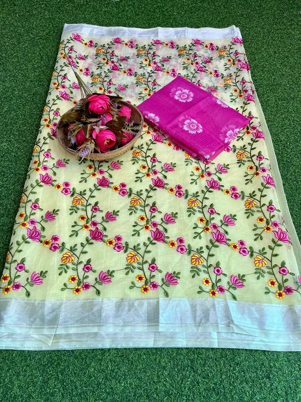 Floral_Kota_Doria_Embroidered_Saree_Cream_Yellow