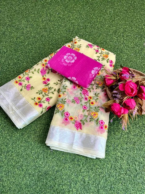 Floral_Kota_Doria_Embroidered_Saree_Cream_Yellow