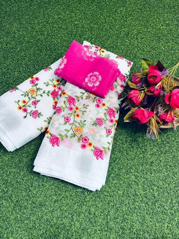 Floral_Kota_Doria_Embroidered_Saree_Off_White