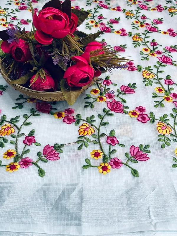 Floral_Kota_Doria_Embroidered_Saree_Off_White