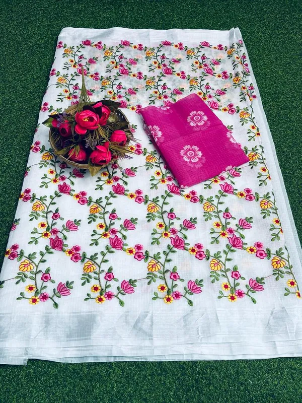 Floral_Kota_Doria_Embroidered_Saree_Off_White