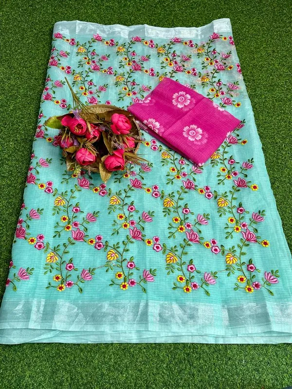 Floral_Kota_Doria_Embroidered_Saree_Green