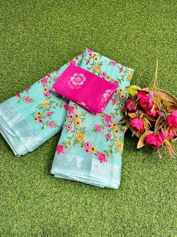 Floral_Kota_Doria_Embroidered_Saree_Green