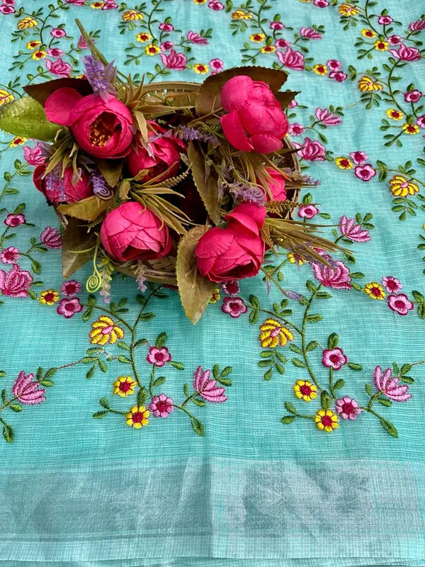 Floral_Kota_Doria_Embroidered_Saree_Green