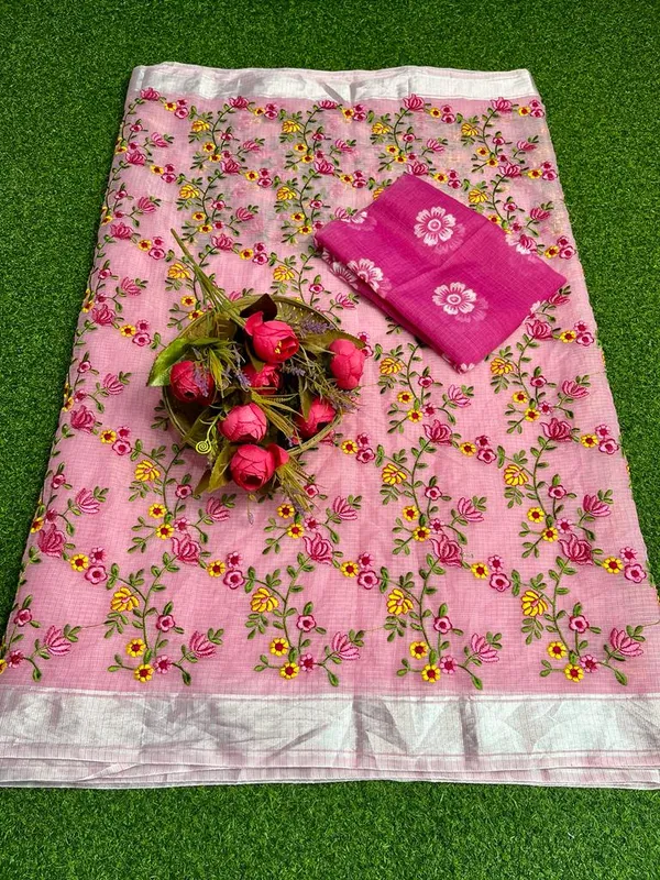 Floral_Kota_Doria_Embroidered_Saree_Pink