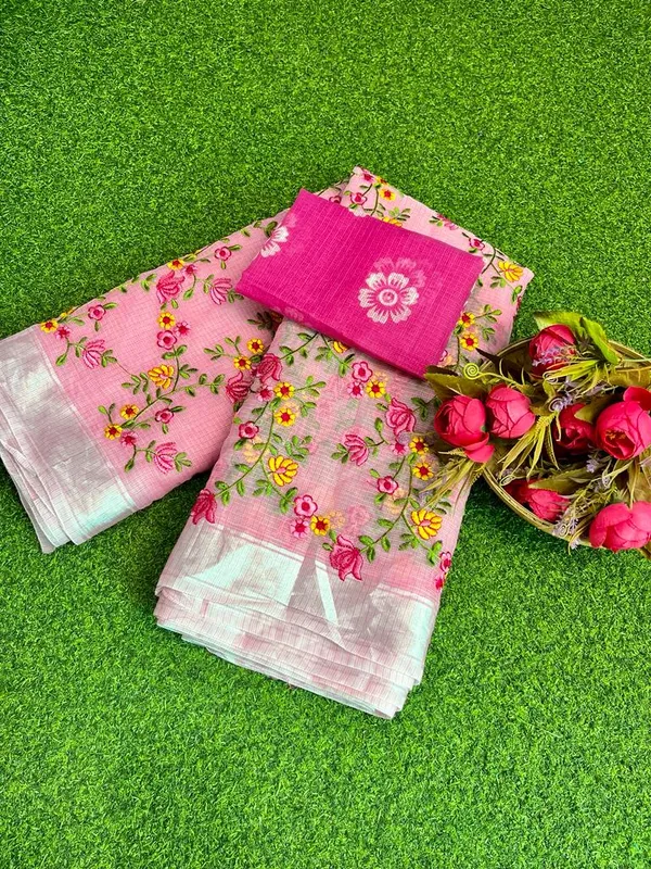 Floral_Kota_Doria_Embroidered_Saree_Pink