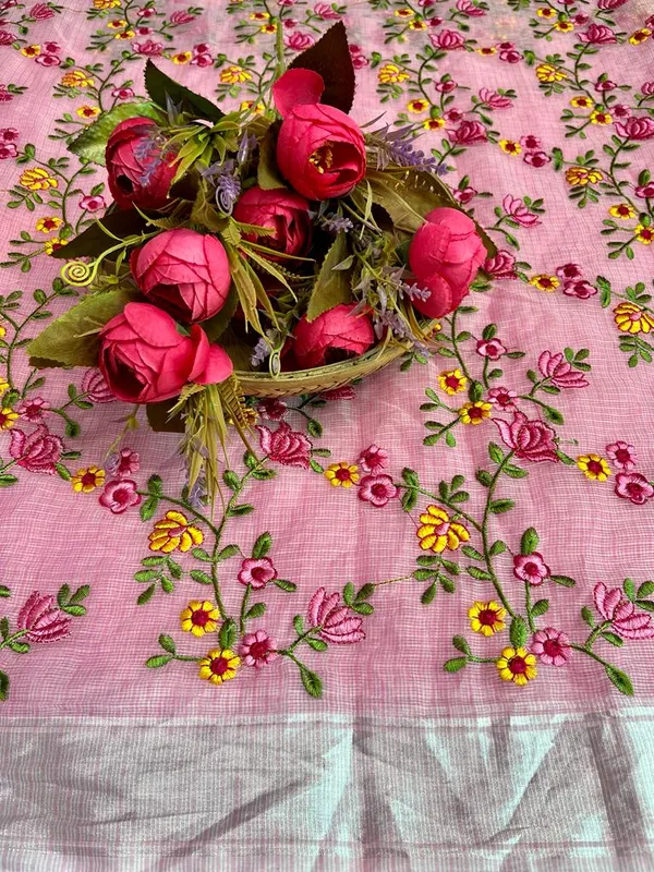 Floral_Kota_Doria_Embroidered_Saree_Pink