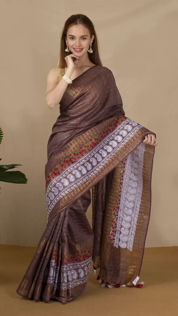 Embroidered_Bansbara_Tussar_Silk_Saree_Brown
