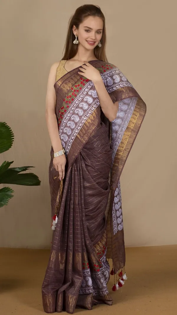 Embroidered_Bansbara_Tussar_Silk_Saree_Brown