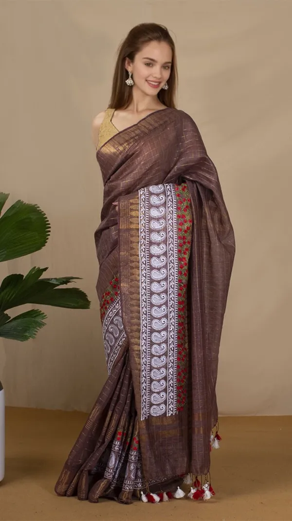 Embroidered_Bansbara_Tussar_Silk_Saree_Brown